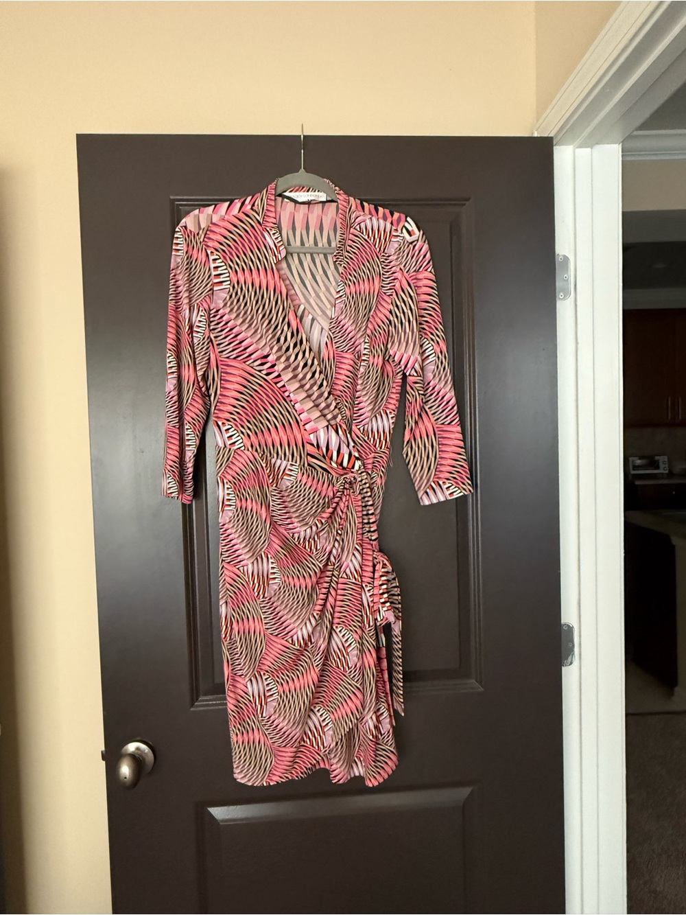 Maggy London Pink and Black Geometric Wrap Dress